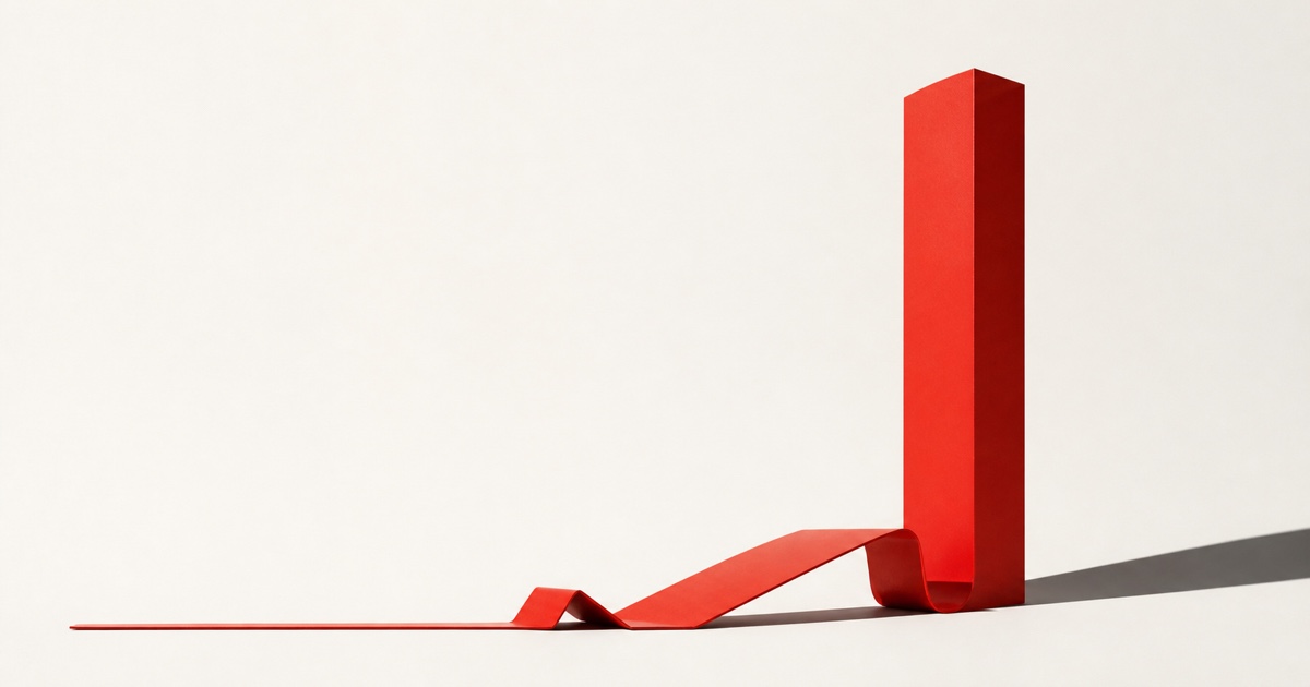 Red ribbon rising from a flat line into a tall structural column