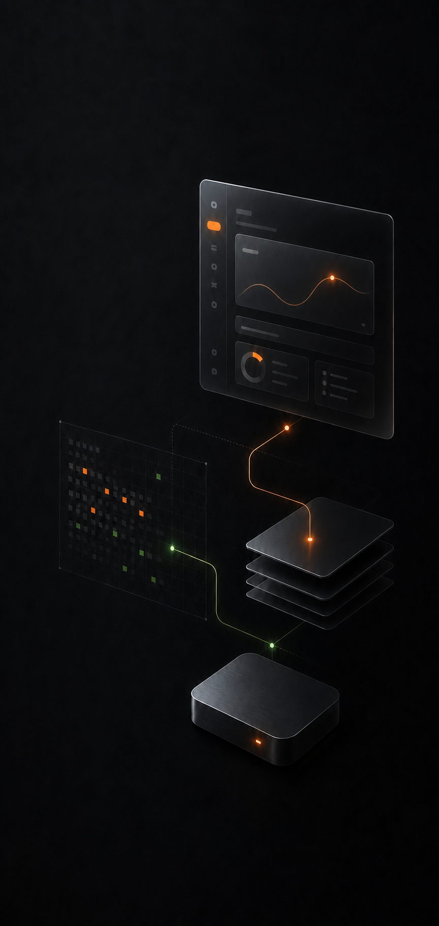 Dark abstract software product system with interface panels, data signals, and modular layers